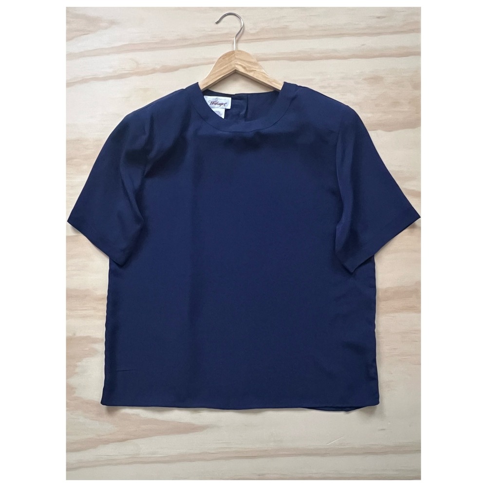 Worthington Navy Blue Top Women's L | Back Button Short Sleeve Blouse